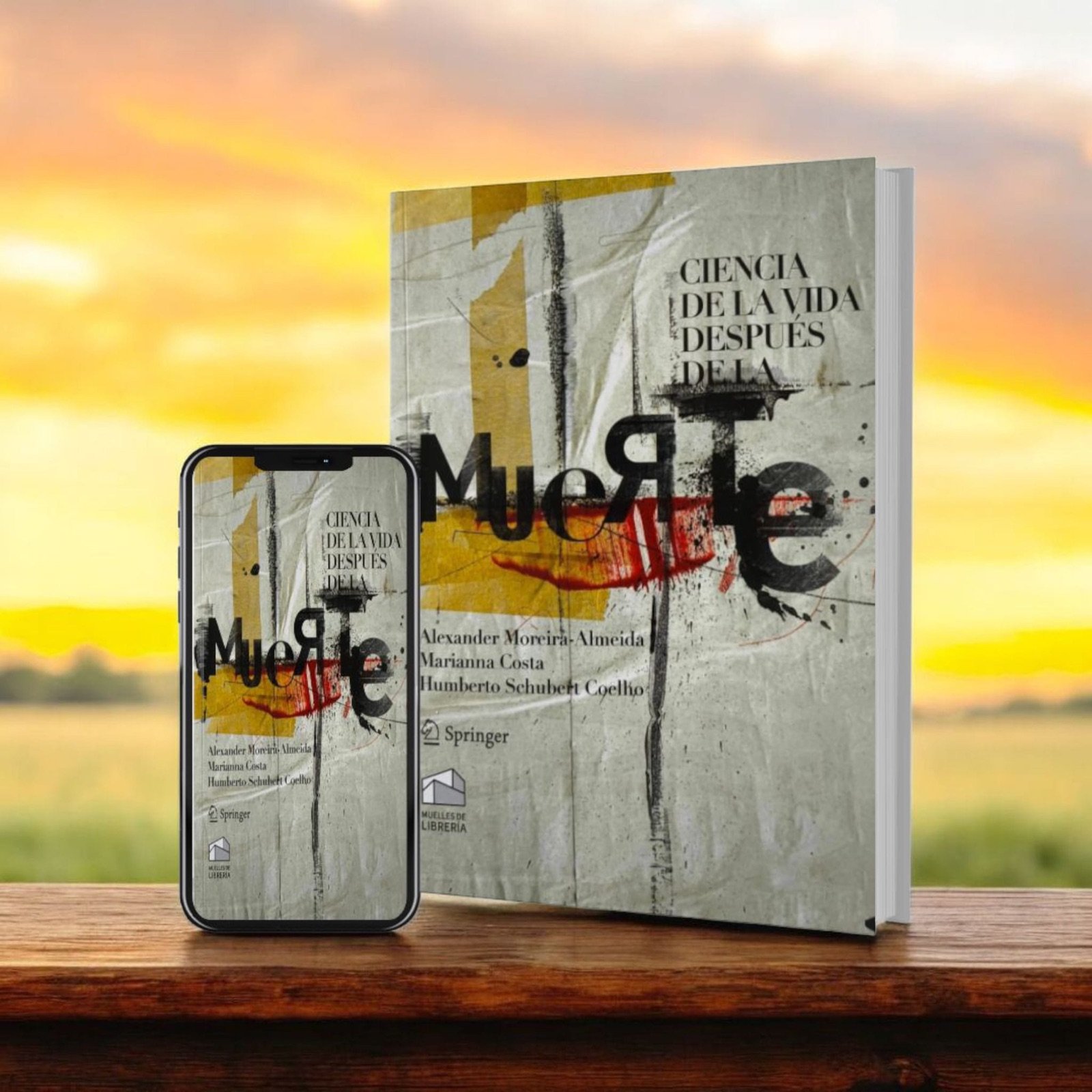 Presentación de Ciencia de la vida después de la muerte en un teléfono móvil y en un libro sobre una mesa
